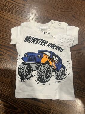 Kids White 'Monster Racing' Graphic Tee with Blue & Orange Truck